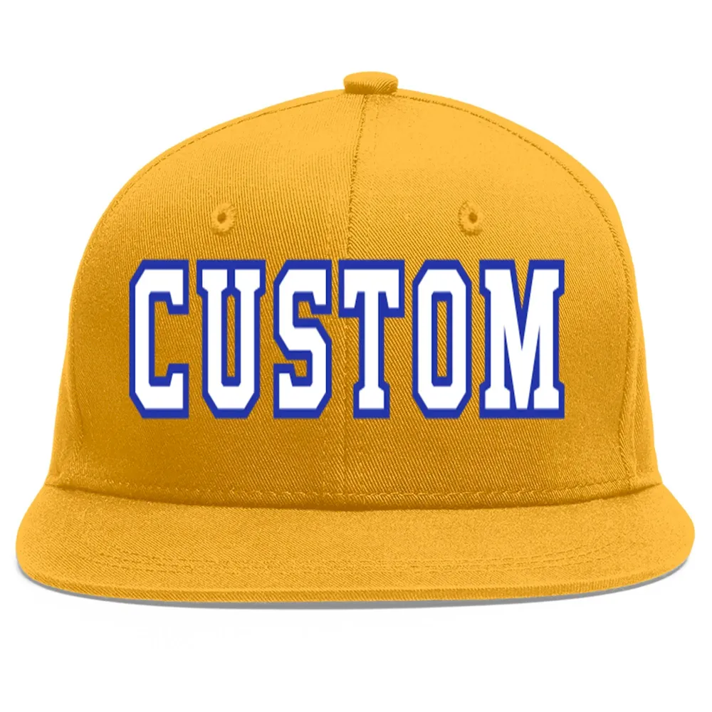 Custom Gold White-Royal Flat Eaves Sport Baseball Cap