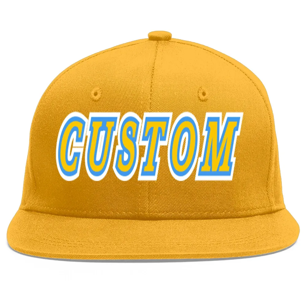Custom Gold Gold-Powder Blue Flat Eaves Sport Baseball Cap