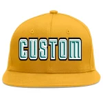Custom Gold Aqua-White Flat Eaves Sport Baseball Cap