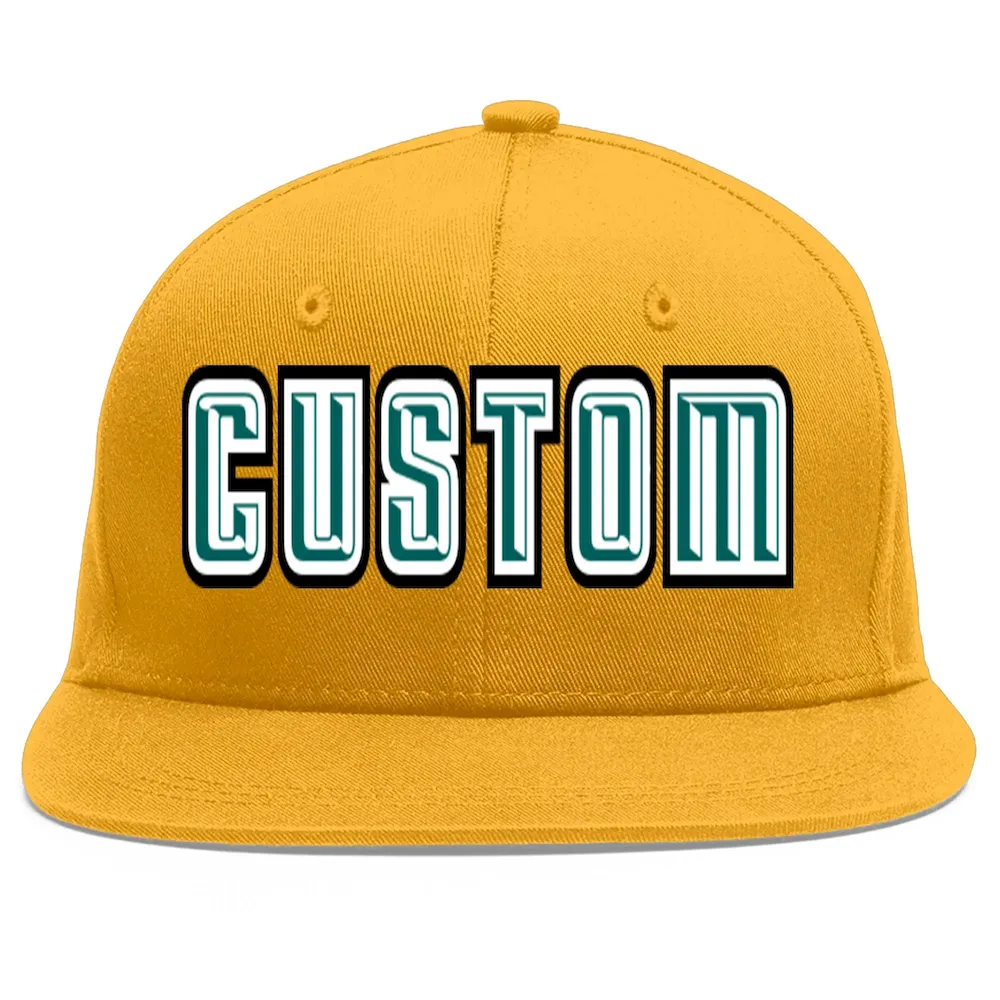 Custom Gold Aqua-White Flat Eaves Sport Baseball Cap