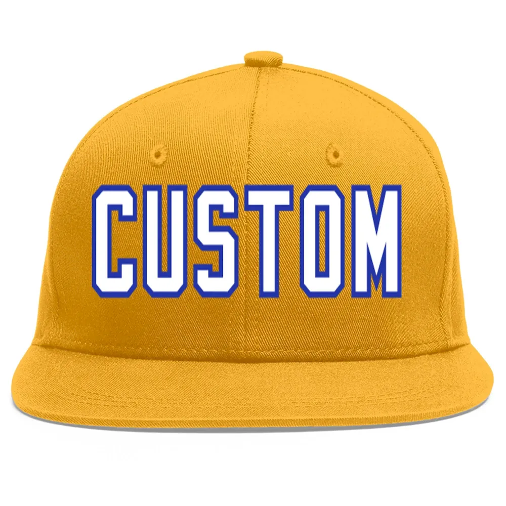 Custom Gold White-Royal Flat Eaves Sport Baseball Cap