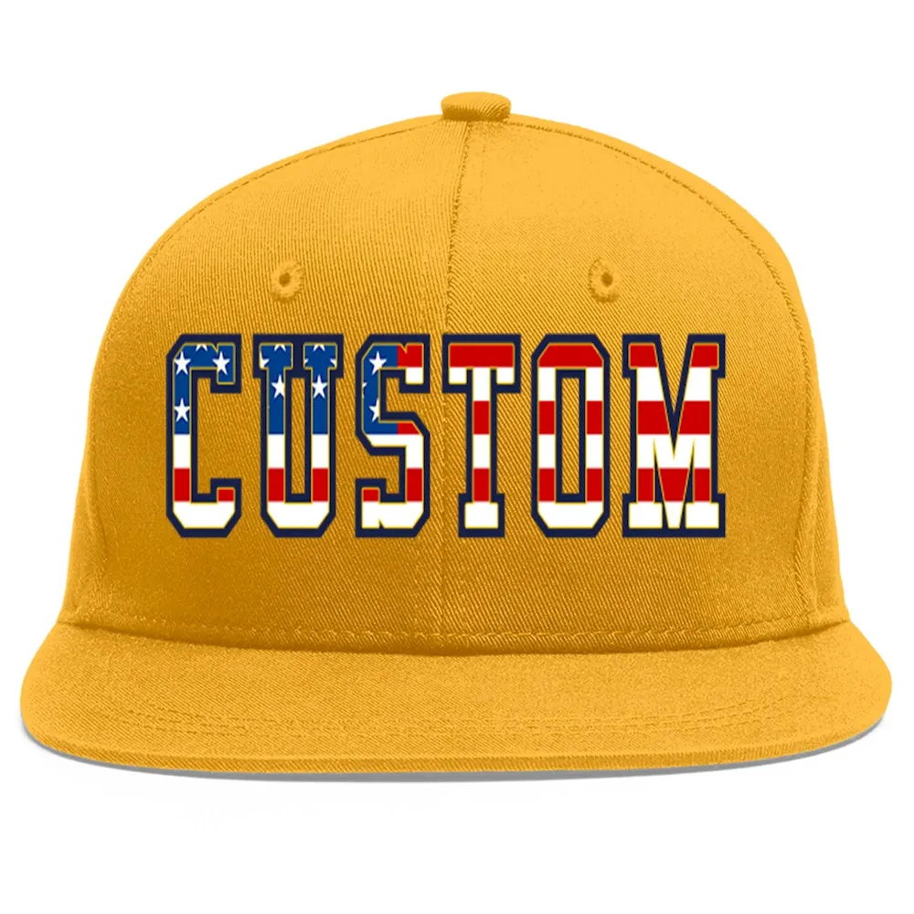 Custom Gold Vintage USA Flag-Gold Flat Eaves Sport Baseball Cap