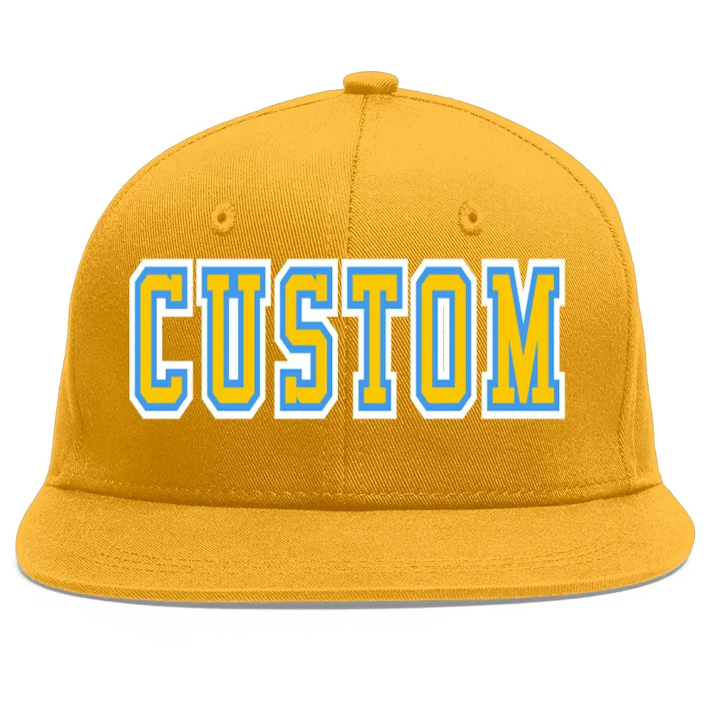Custom Gold Gold-Powder Blue Flat Eaves Sport Baseball Cap