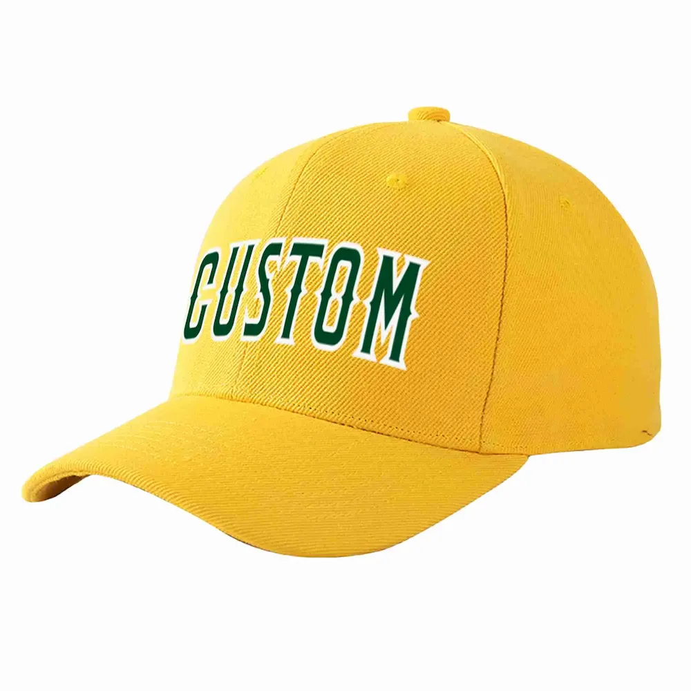 Custom Gold Green-White Curved Eaves Sport Baseball Cap Design for Men/Women/Youth