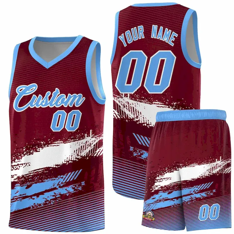 Custom Crimson White and Powder Blue Graffiti Pattern Sports Uniform Basketball Jersey