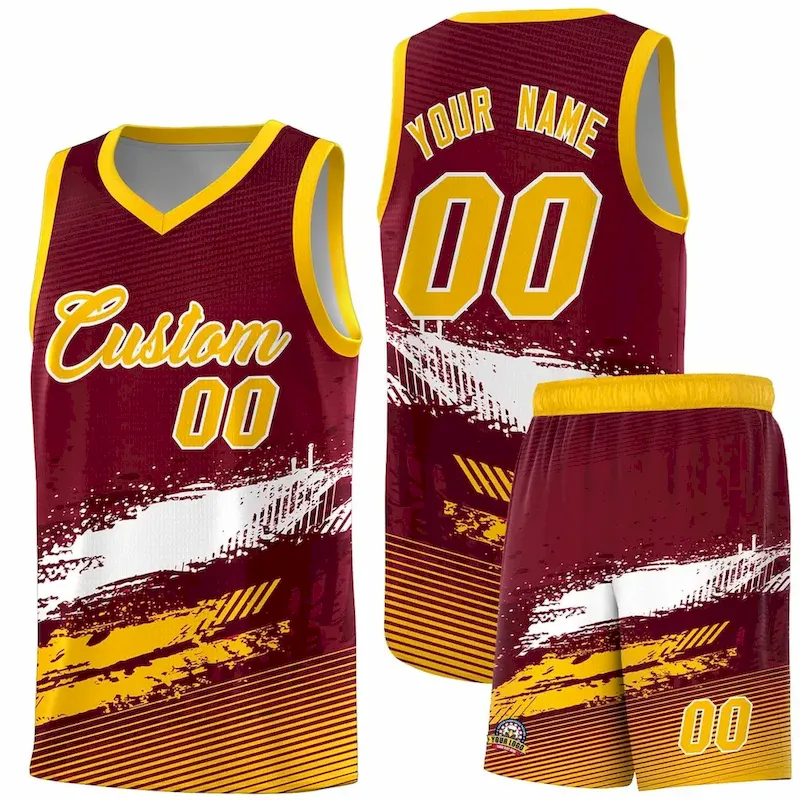 Custom Crimson White and Yellow Graffiti Pattern Sports Uniform Basketball Jersey