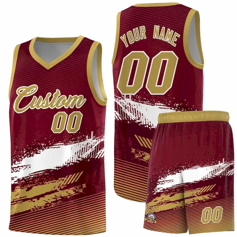 Custom Crimson White and Khaki Graffiti Pattern Sports Uniform Basketball Jersey