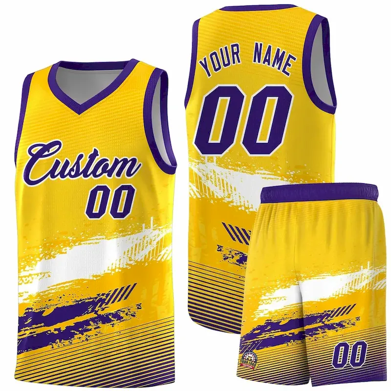 Custom Yellow White and Purple Graffiti Pattern Sports Uniform Basketball Jersey