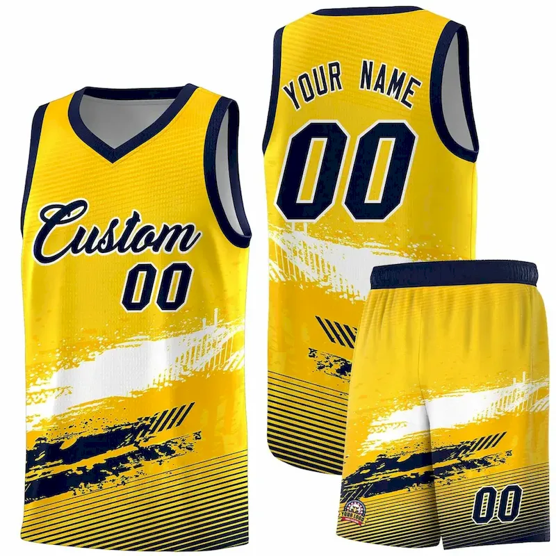 Custom Yellow White and Navy Graffiti Pattern Sports Uniform Basketball Jersey