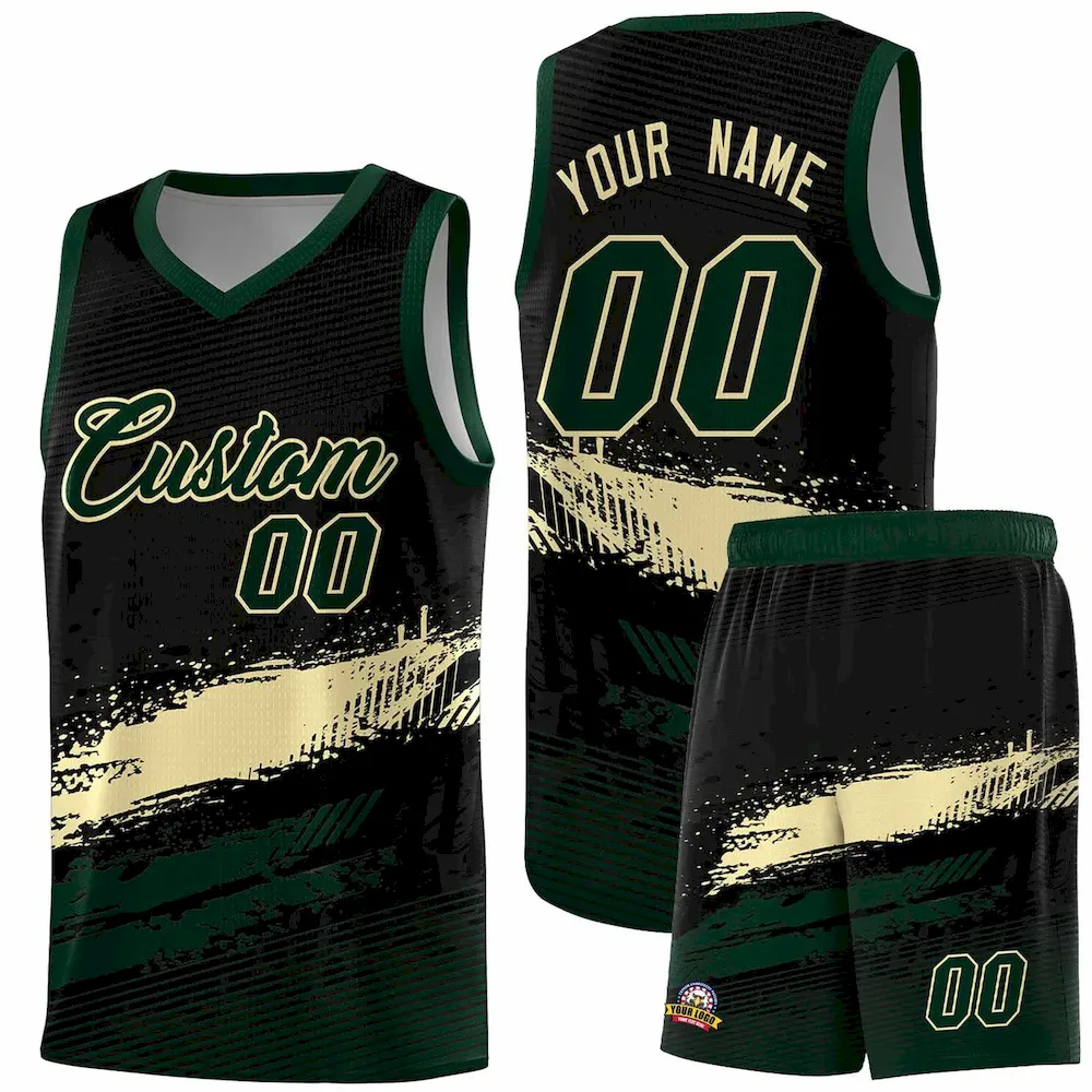 Custom Black Cream and Hunter Green Graffiti Pattern Sports Uniform Basketball Jersey