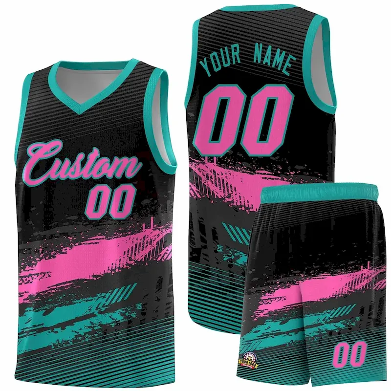 Custom Black Pink and Aqua Graffiti Pattern Sports Uniform Basketball Jersey