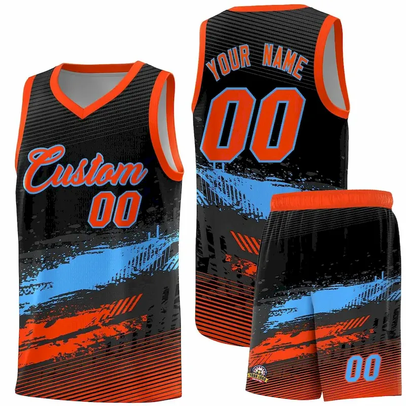 Custom Black Powder Blue and Orange Graffiti Pattern Sports Uniform Basketball Jersey