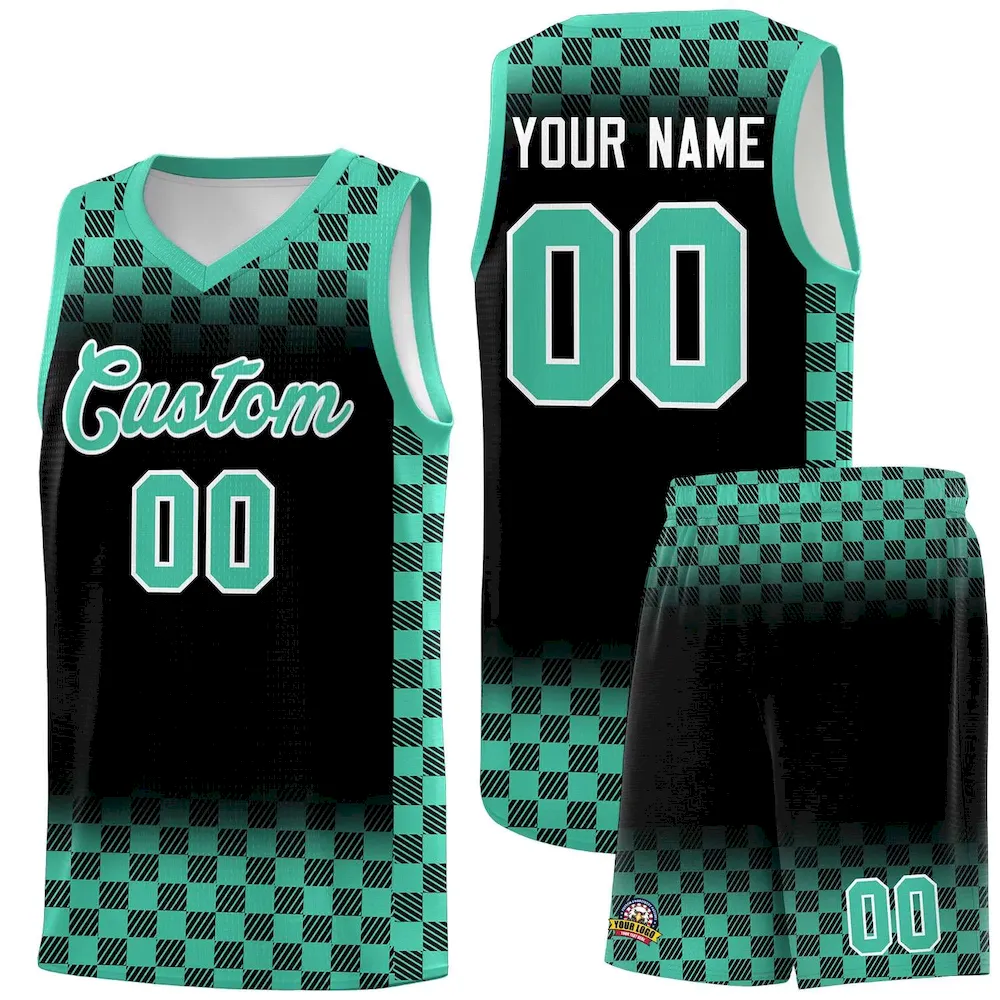 Custom Black Bright Green Classic Plaid Pattern Sports Uniform Basketball Jersey