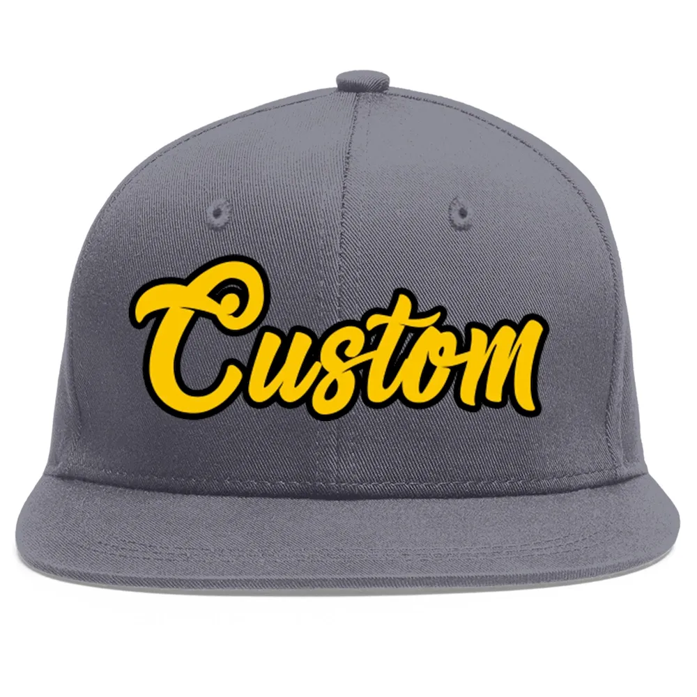 Custom Dark Gray Gold-Black Flat Eaves Sport Baseball Cap