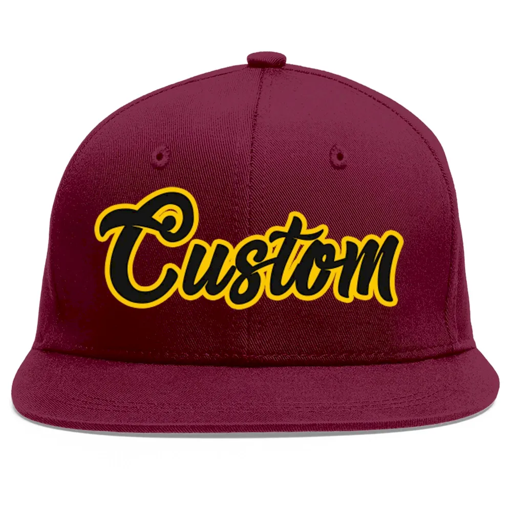 Custom Crimson Black-Gold Flat Eaves Sport Baseball Cap