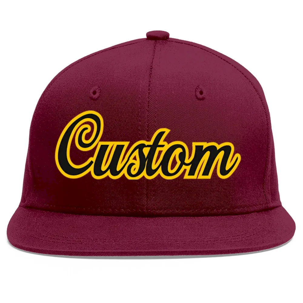 Custom Crimson Black-Gold Flat Eaves Sport Baseball Cap