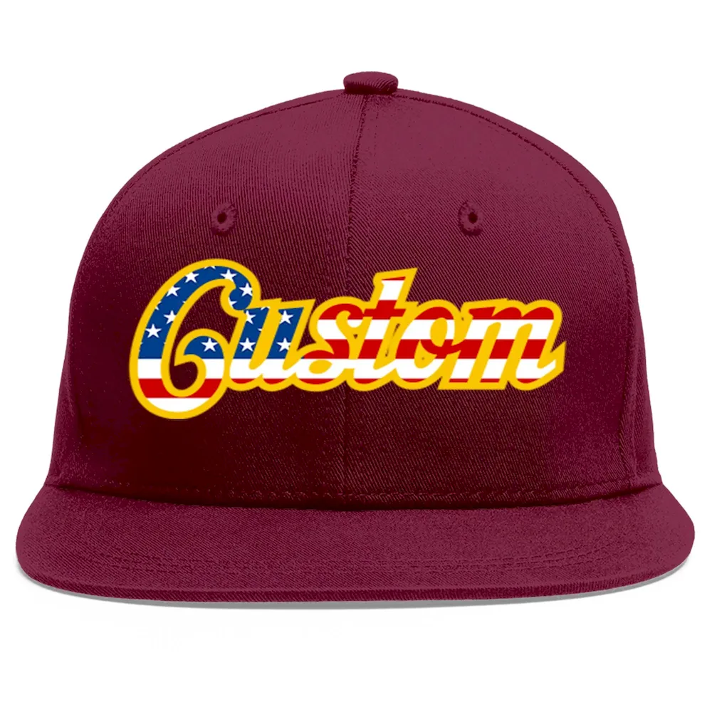 Custom Crimson Vintage USA Flag-Gold Flat Eaves Sport Baseball Cap