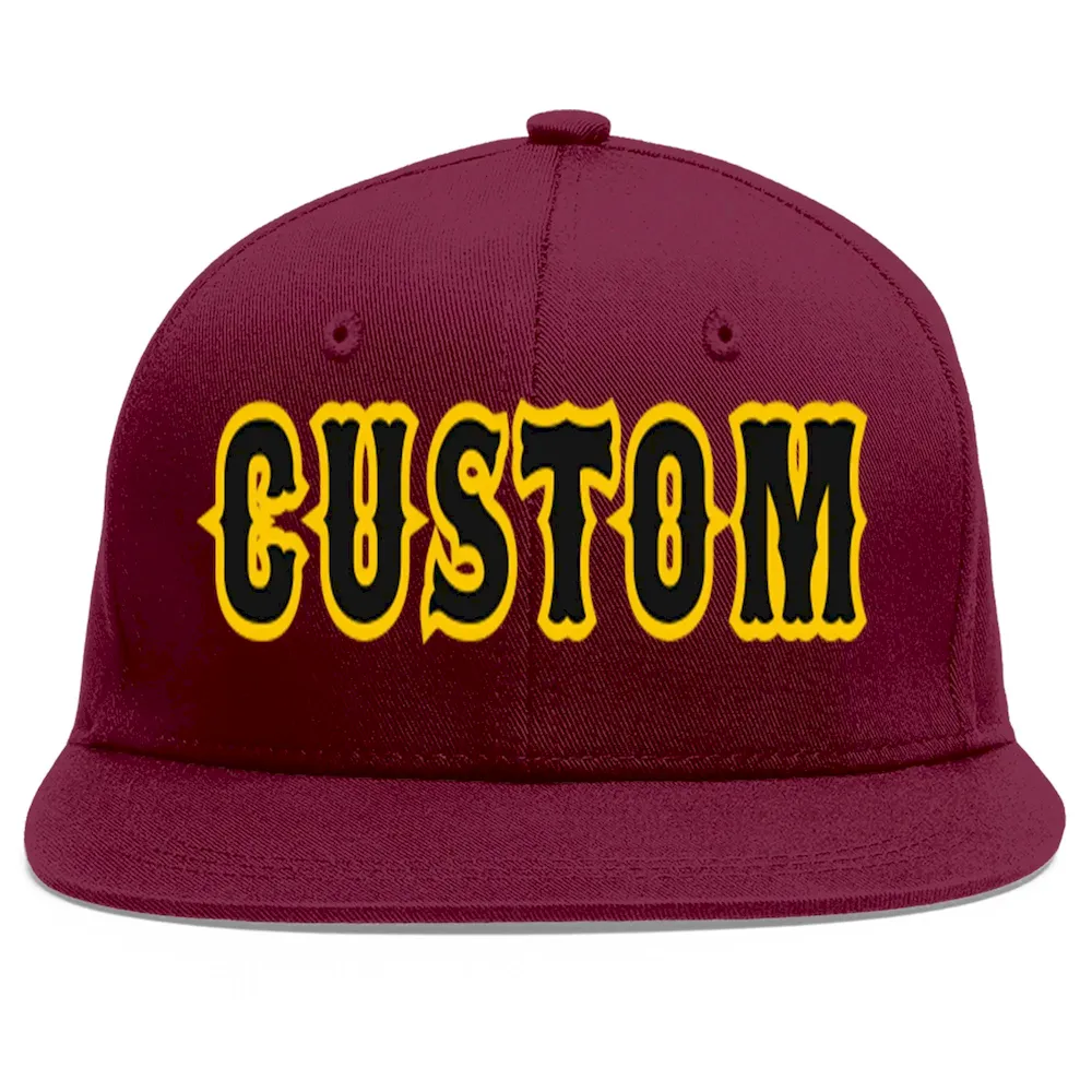 Custom Crimson Black-Gold Flat Eaves Sport Baseball Cap