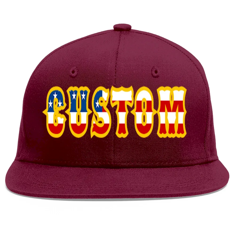 Custom Crimson Vintage USA Flag-Gold Flat Eaves Sport Baseball Cap