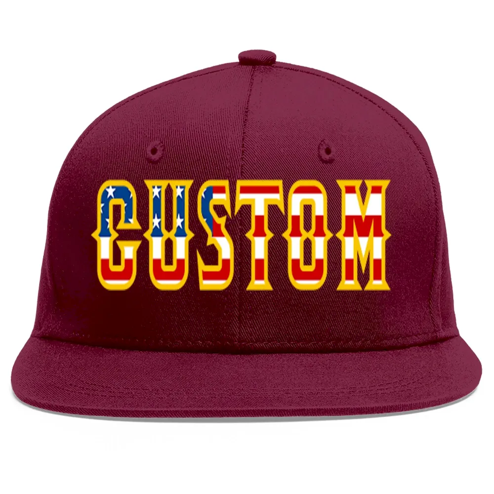 Custom Crimson Vintage USA Flag-Gold Flat Eaves Sport Baseball Cap
