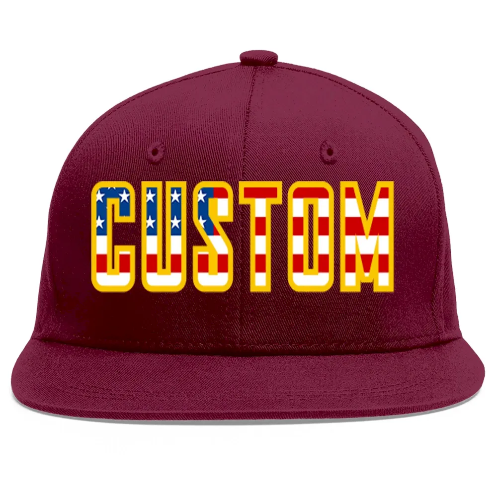 Custom Crimson Vintage USA Flag-Gold Flat Eaves Sport Baseball Cap