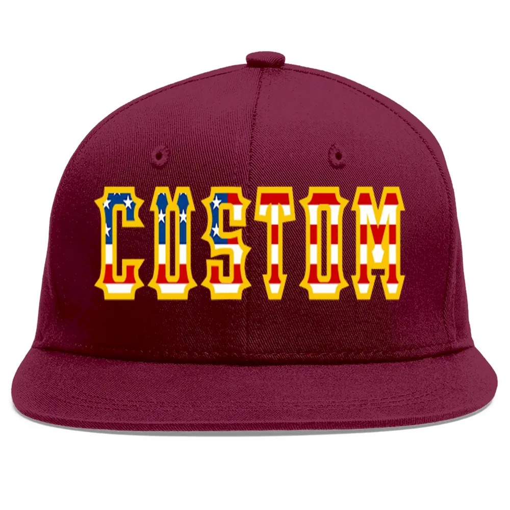 Custom Crimson Vintage USA Flag-Gold Flat Eaves Sport Baseball Cap