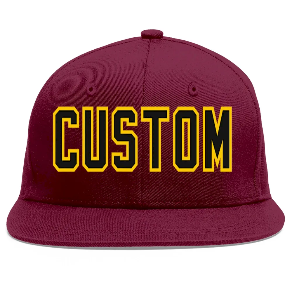 Custom Crimson Black-Gold Flat Eaves Sport Baseball Cap