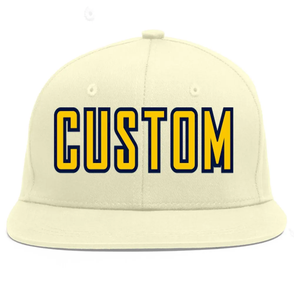 Custom Cream Gold-Navy Flat Eaves Sport Baseball Cap