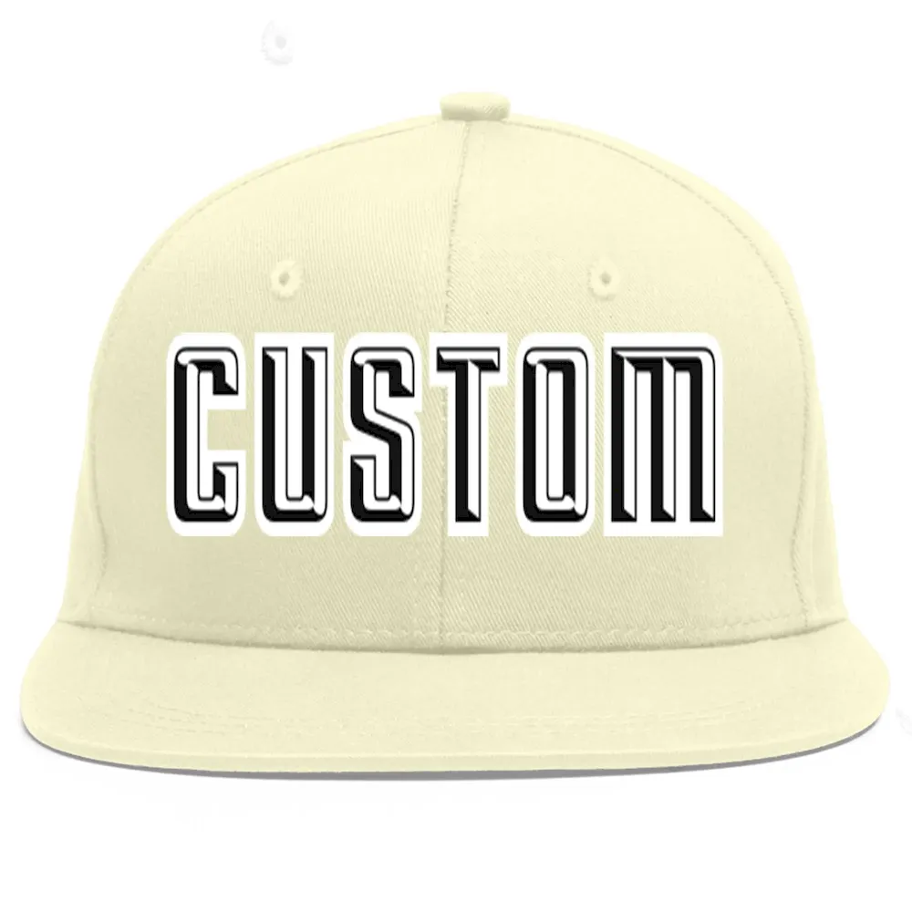 Custom Cream Black-White Flat Eaves Sport Baseball Cap