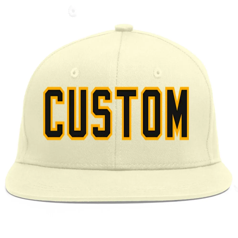 Custom Cream Black-Yellow Flat Eaves Sport Baseball Cap