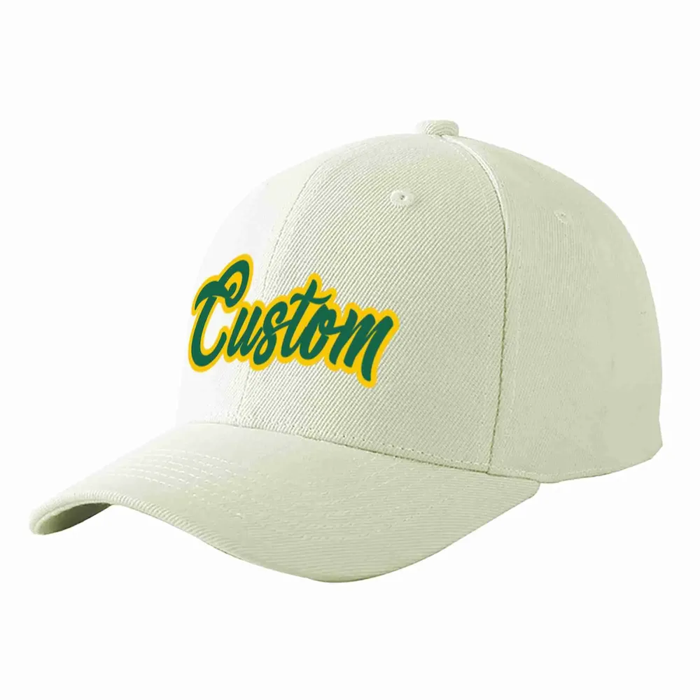 Custom Cream Kelly Green-Gold Curved Eaves Sport Baseball Cap Design for Men/Women/Youth