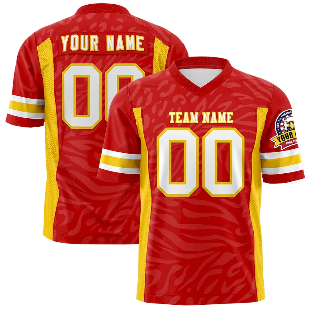 Custom Red White-Gold Personalized Zebra Stripes Pattern Authentic Football Jersey