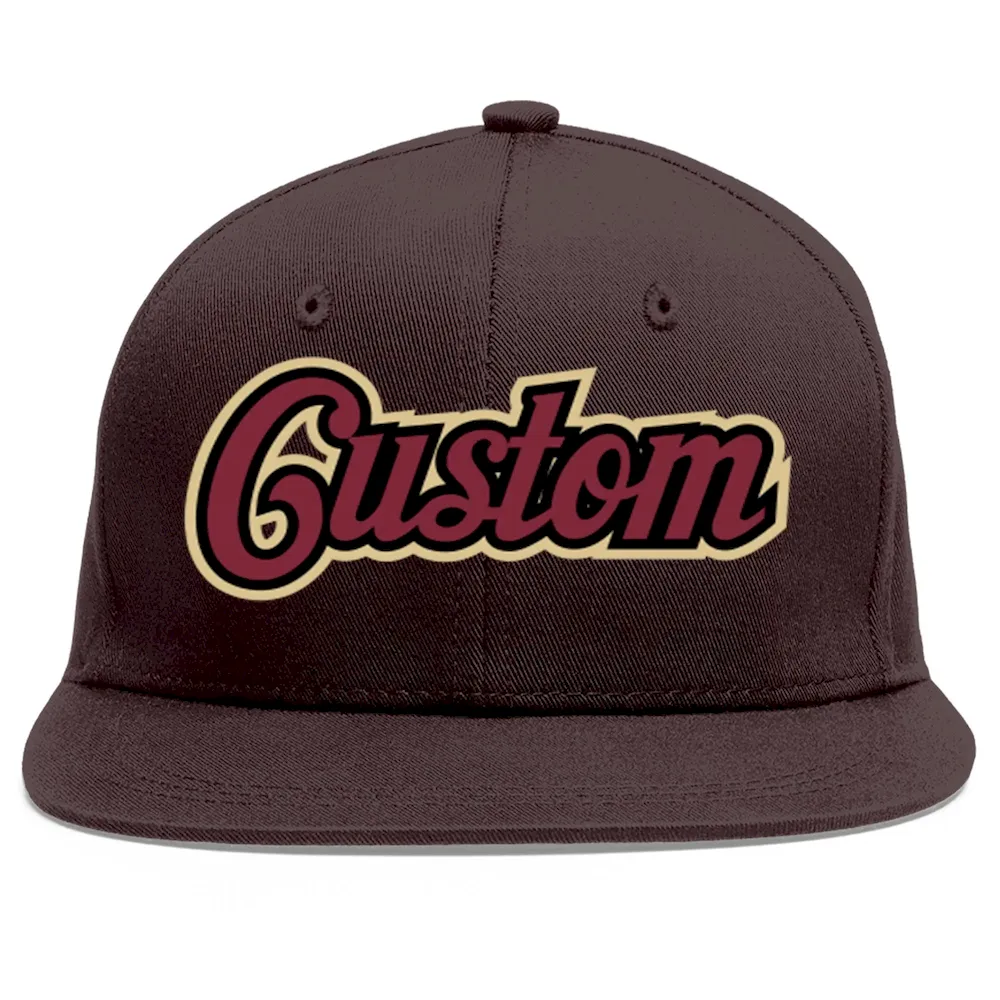 Custom Brown Crimson-Black Flat Eaves Sport Baseball Cap