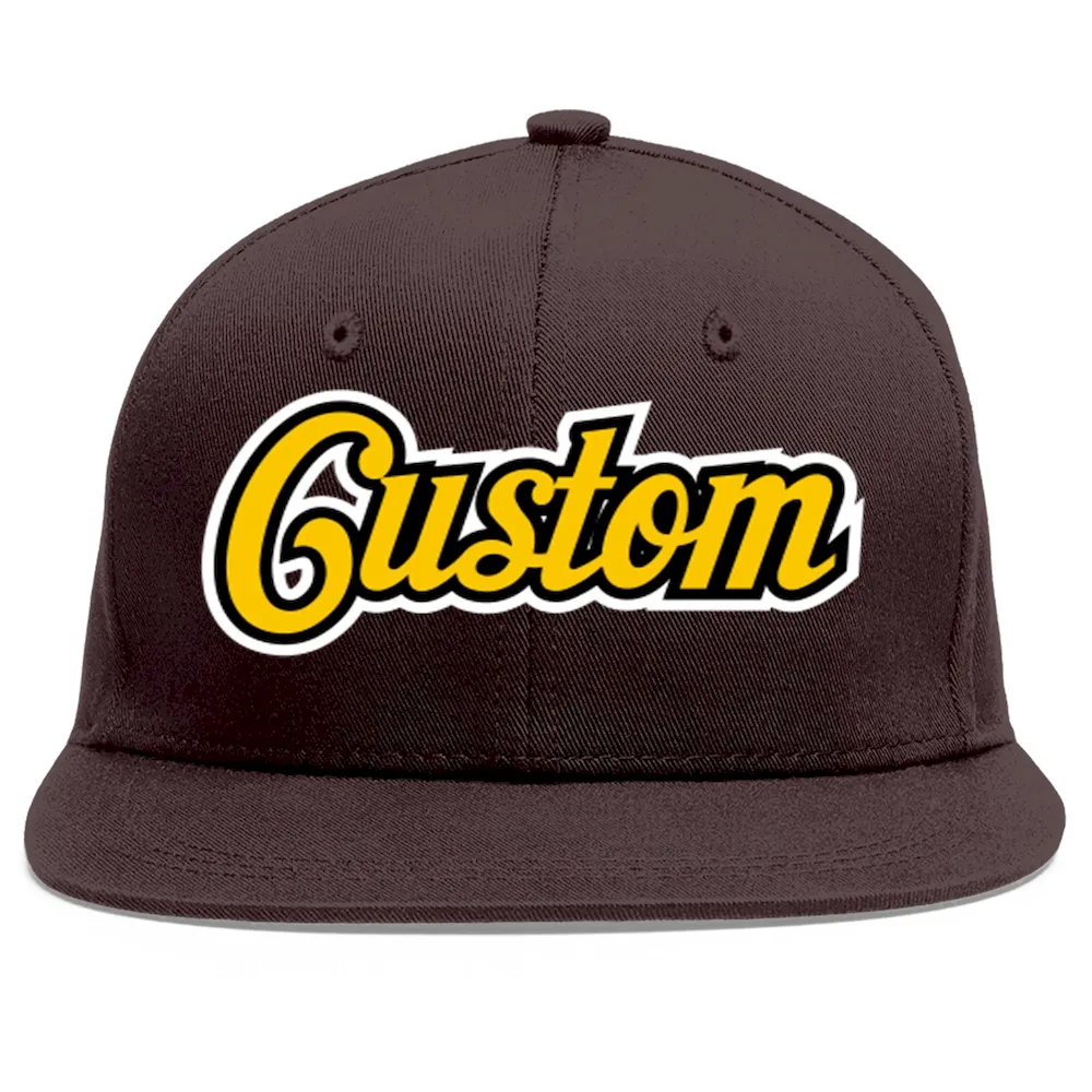 Custom Brown Gold-Black Flat Eaves Sport Baseball Cap