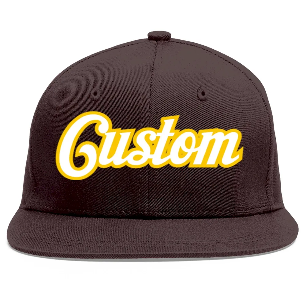 Custom Brown White-Gold Flat Eaves Sport Baseball Cap