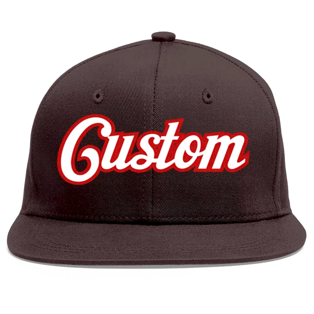 Custom Brown White-Red Flat Eaves Sport Baseball Cap