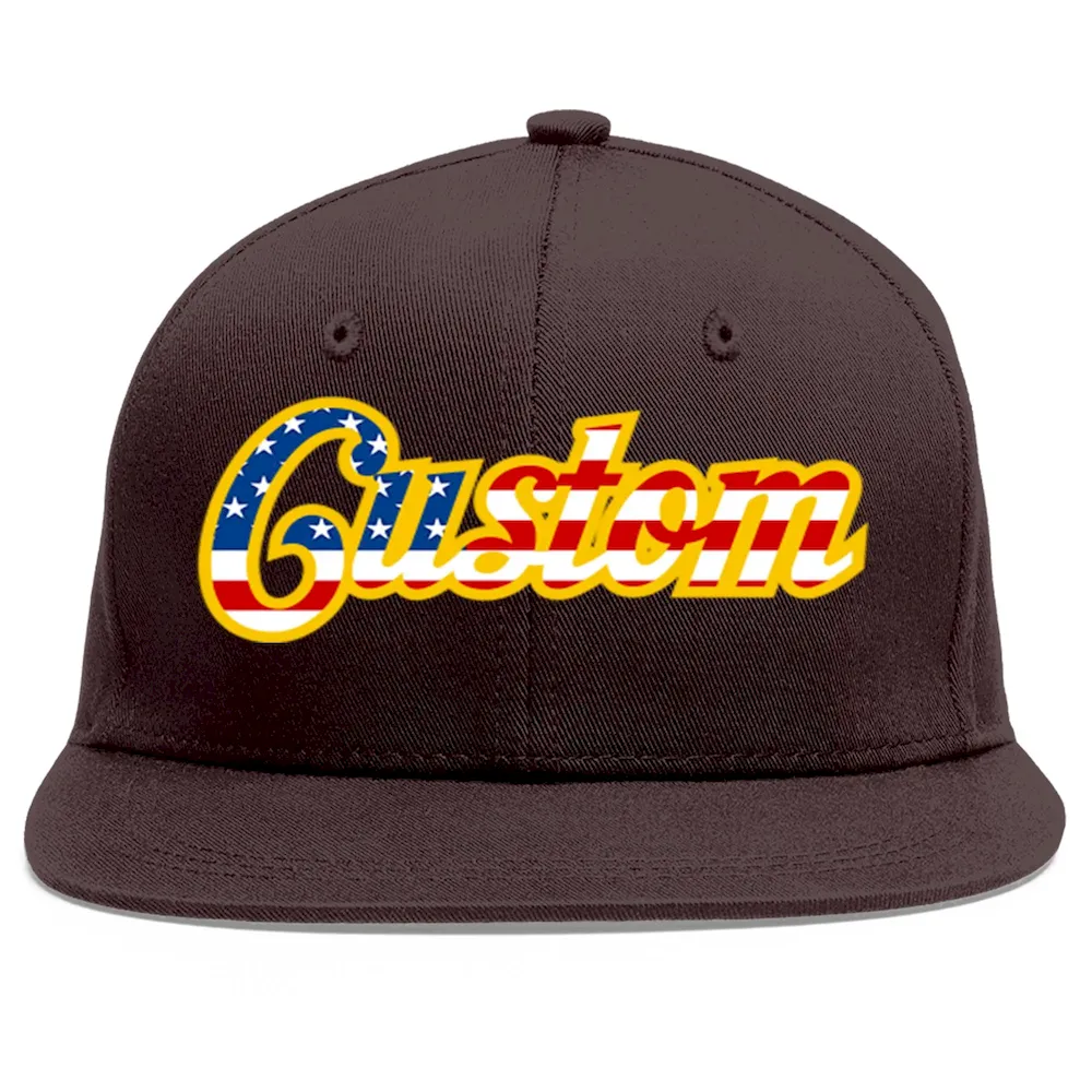 Custom Brown Vintage USA Flag-Gold Flat Eaves Sport Baseball Cap