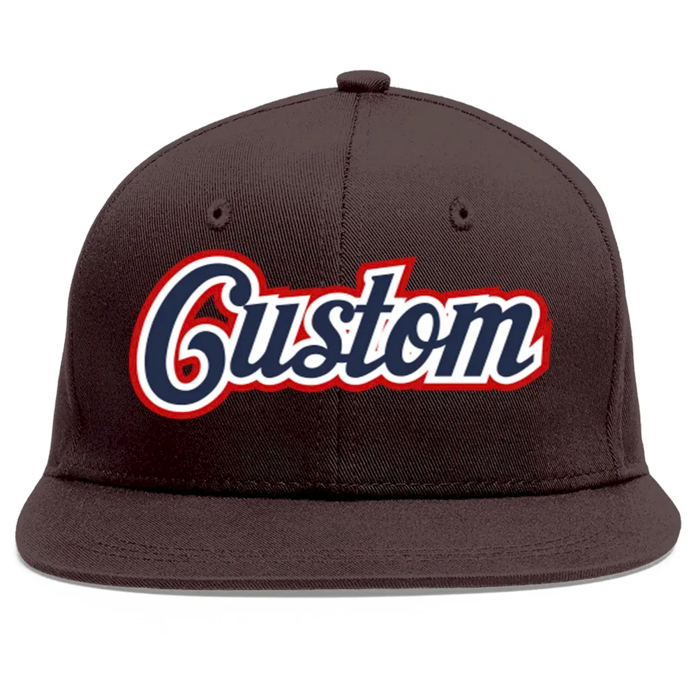 Custom Brown Navy-White Flat Eaves Sport Baseball Cap