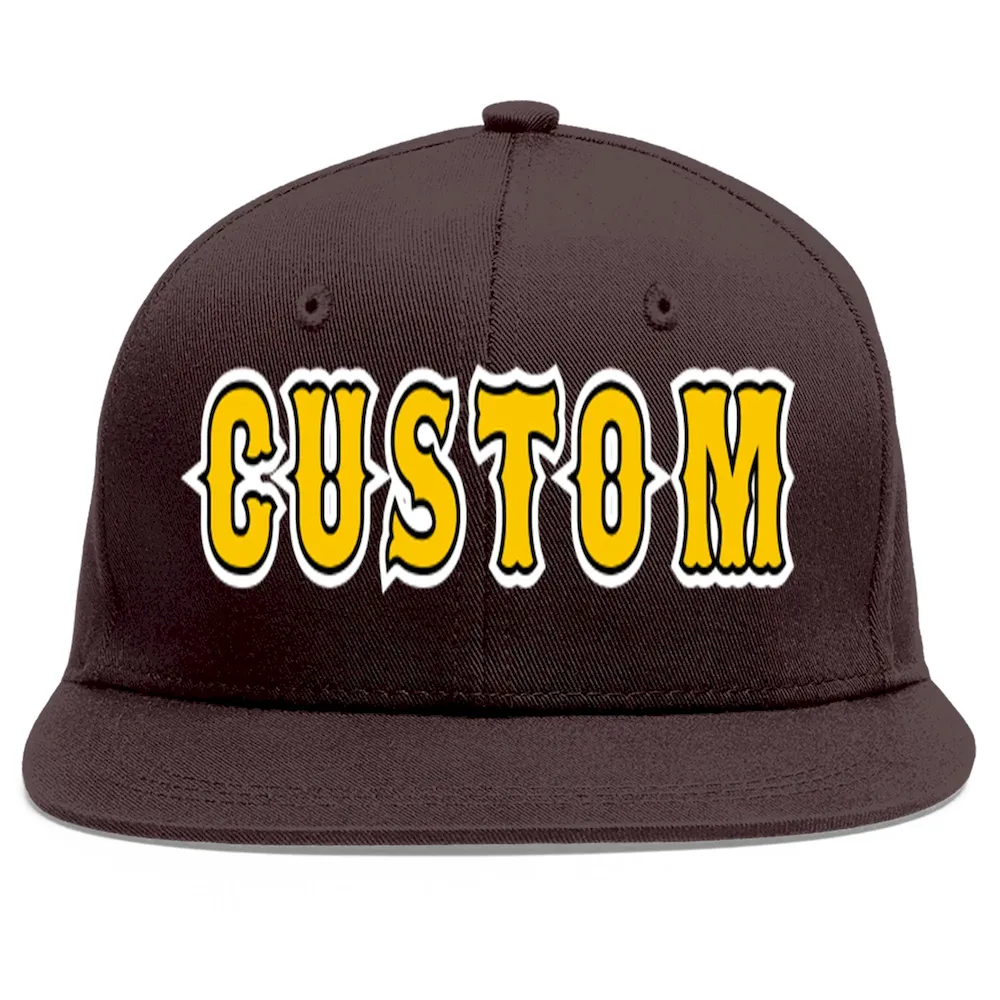 Custom Brown Gold-Black Flat Eaves Sport Baseball Cap