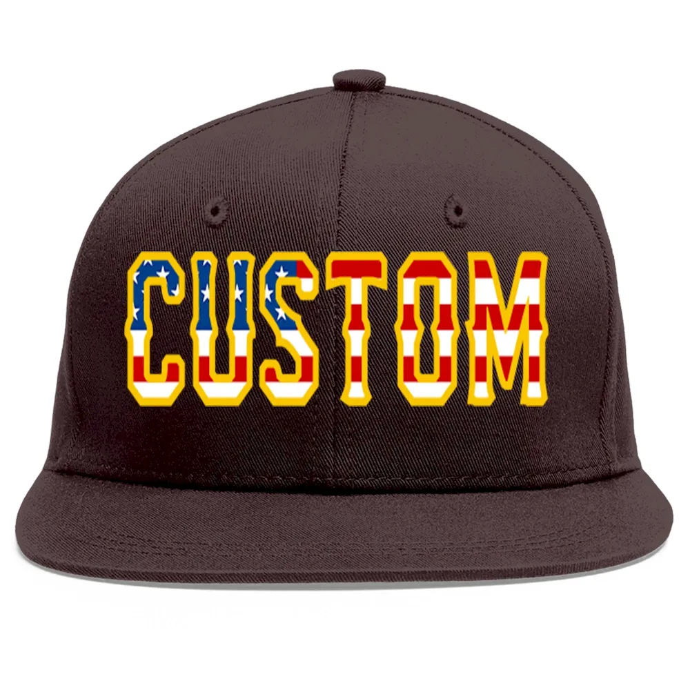 Custom Brown Vintage USA Flag-Gold Flat Eaves Sport Baseball Cap