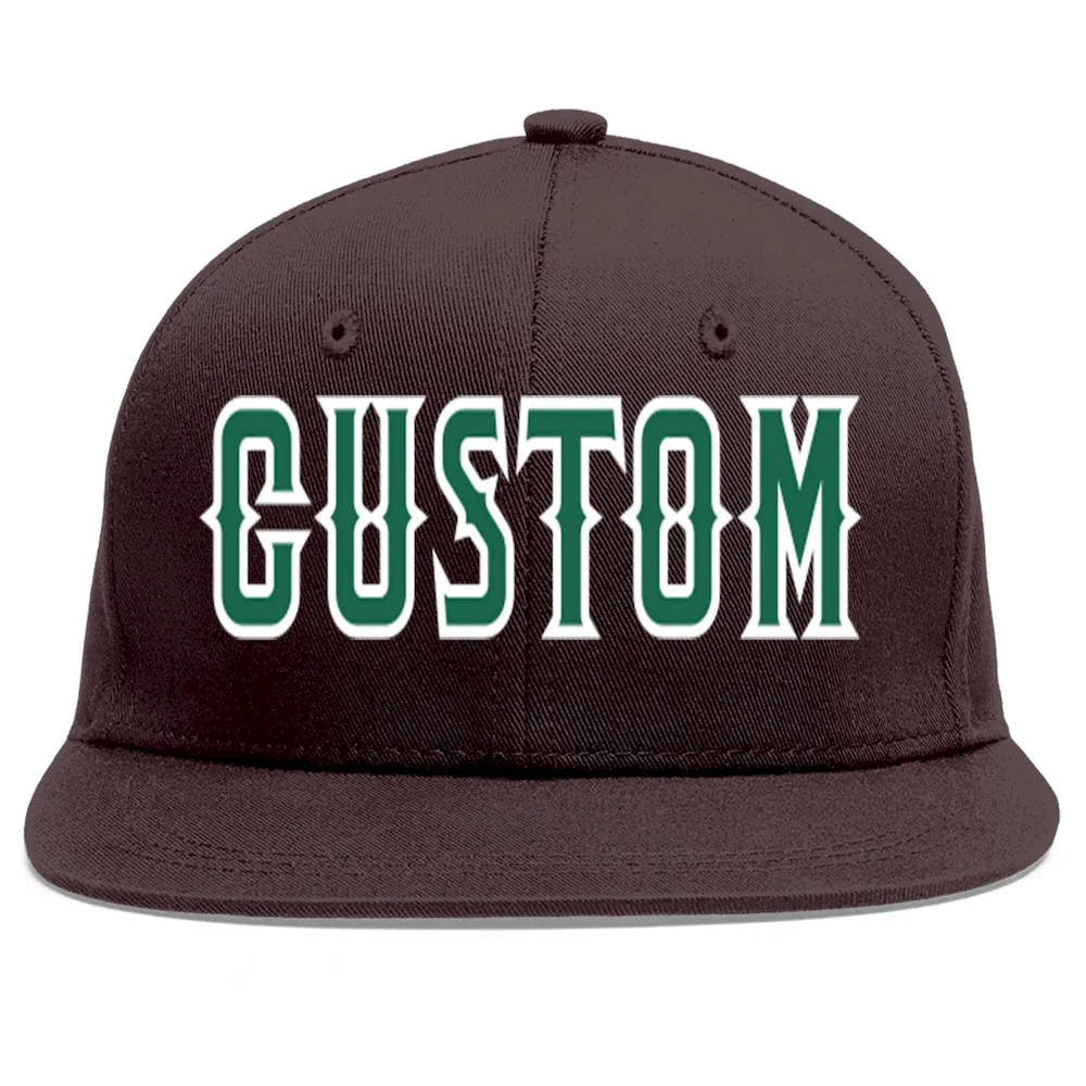 Custom Brown Kelly Green-White Flat Eaves Sport Baseball Cap