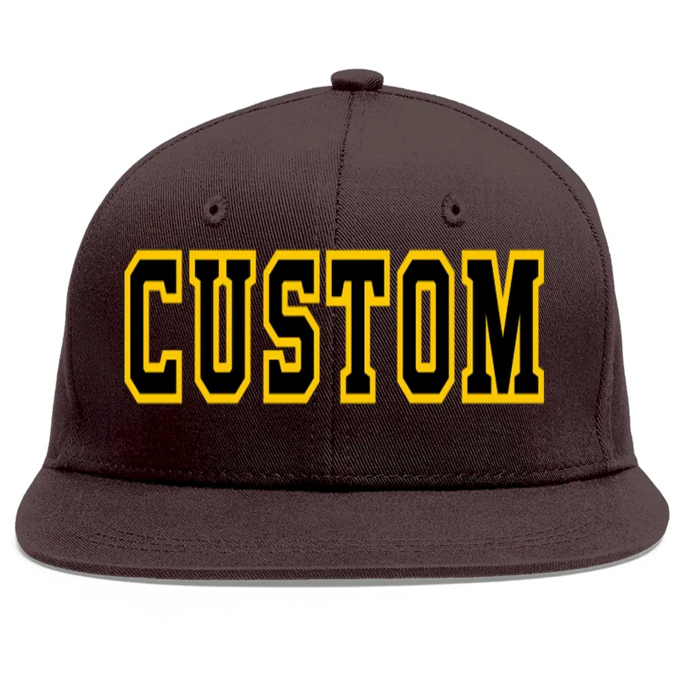 Custom Brown Black-Gold Flat Eaves Sport Baseball Cap
