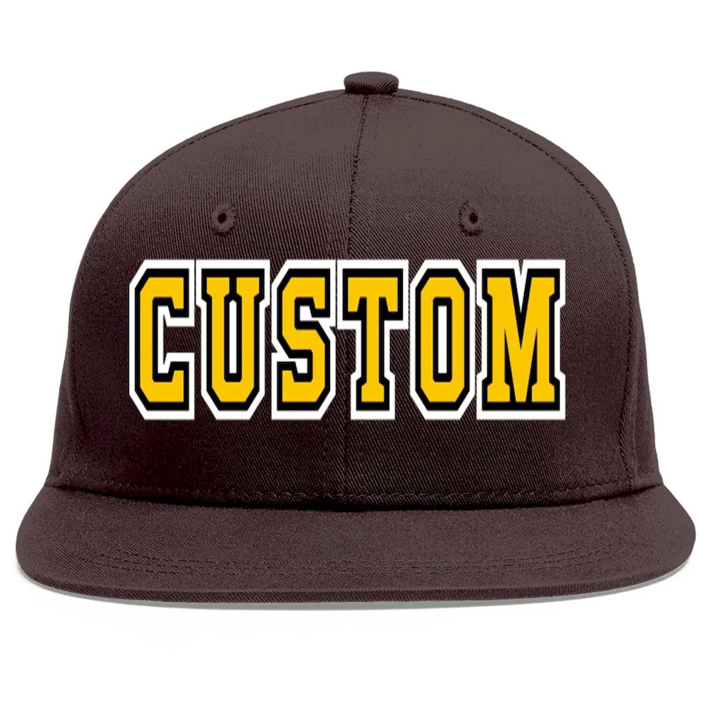 Custom Brown Gold-Black Flat Eaves Sport Baseball Cap