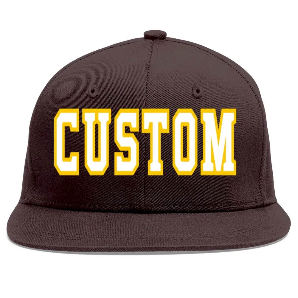 Custom Brown White-Gold Flat Eaves Sport Baseball Cap