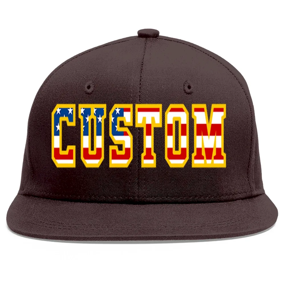 Custom Brown Vintage USA Flag-Gold Flat Eaves Sport Baseball Cap