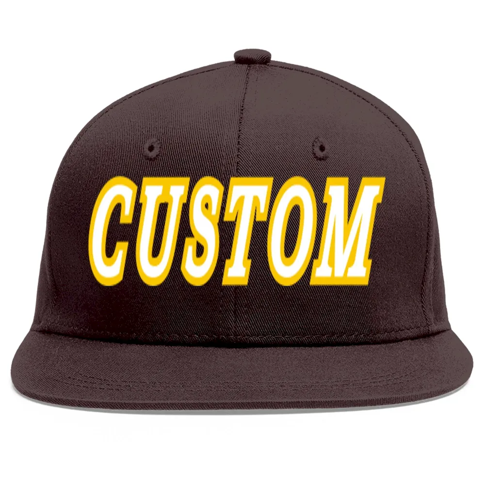 Custom Brown White-Gold Flat Eaves Sport Baseball Cap