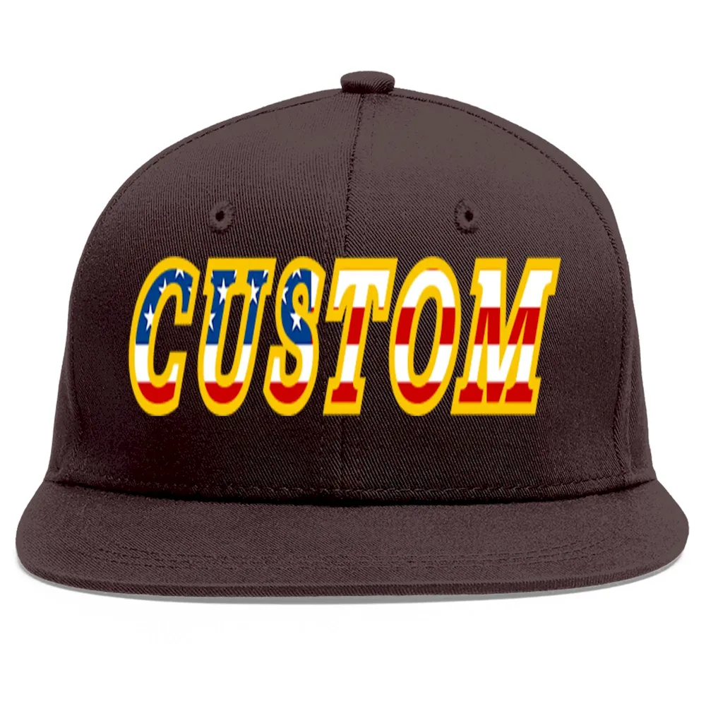 Custom Brown Vintage USA Flag-Gold Flat Eaves Sport Baseball Cap