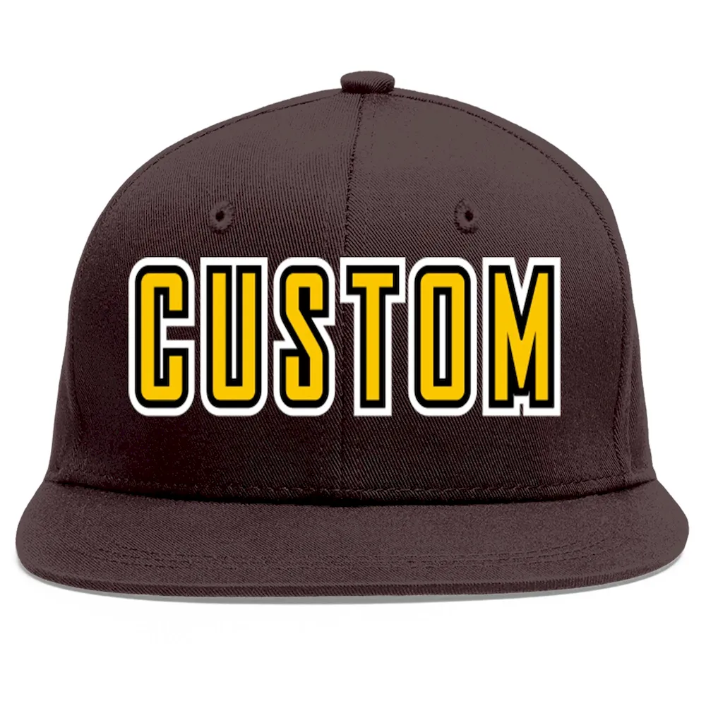 Custom Brown Gold-Black Flat Eaves Sport Baseball Cap