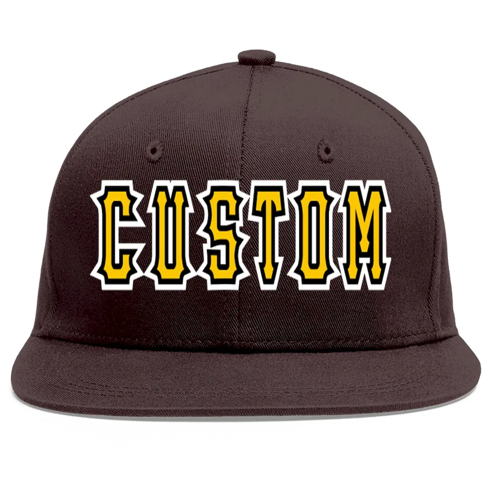 Custom Brown Gold-Black Flat Eaves Sport Baseball Cap