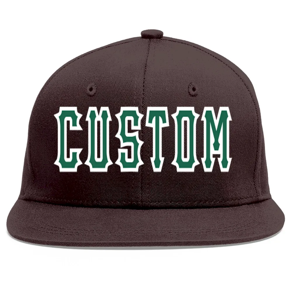 Custom Brown Kelly Green-White Flat Eaves Sport Baseball Cap